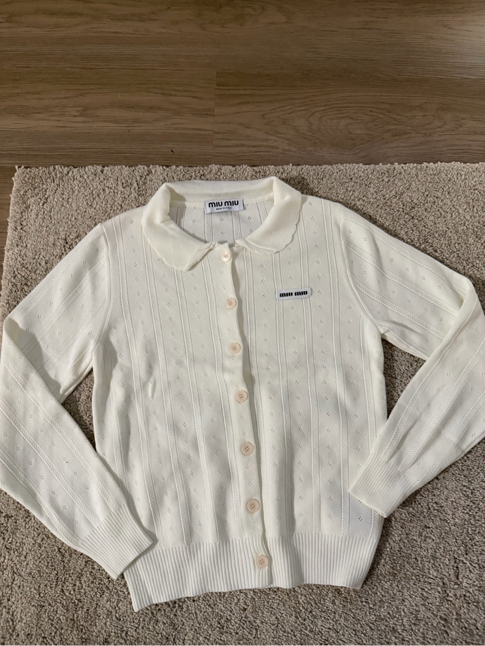 Miu Miu Cream Pointelle Button-Up Cardigan